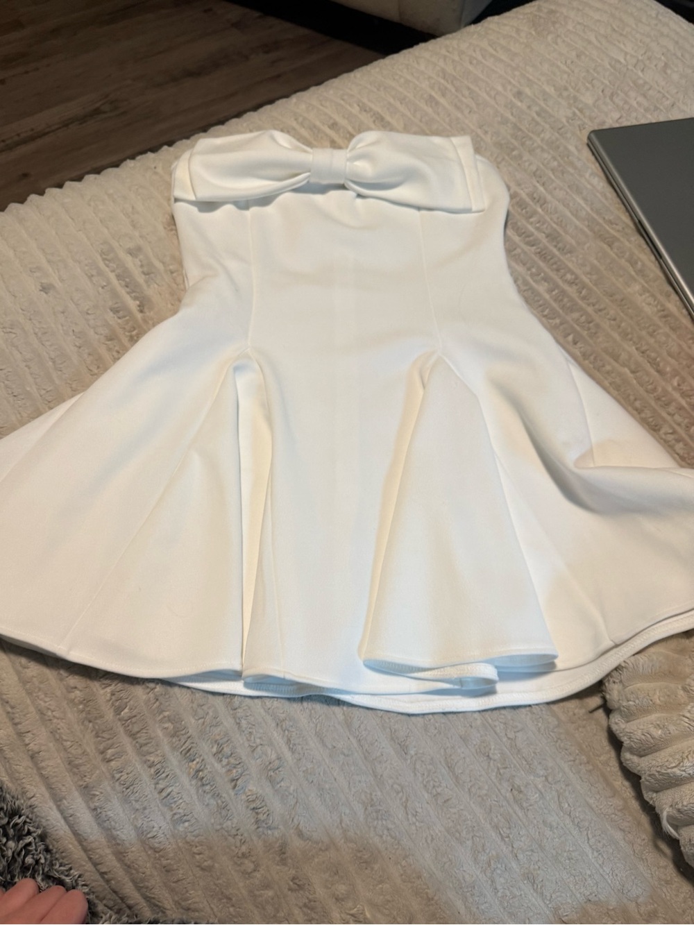 Strapless White Fit-and-Flare Dress with Bow Accent